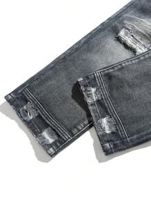 SHEIN 年轻男孩破洞复古磨破宽松黑色牛仔裤，休闲百搭，适合儿童秋冬户外服装 - 黑色 - 查看 5