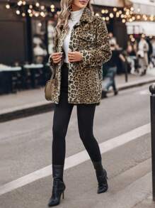 SHEIN LUNE 渐变豹纹休闲蓬松双口袋保暖秋冬常规版型女士夹克， - 彩色 - 查看 4