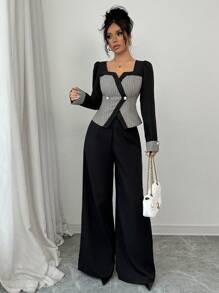 SHEIN PETITE 2 件套女士纯色前纽扣上衣和长裤，简约装扮 - 彩色 - 查看 1