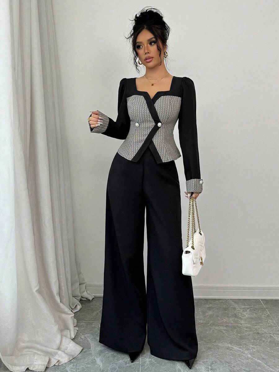 SHEIN PETITE 2 件套女士纯色前纽扣上衣和长裤，简约装扮 - 彩色 - 查看 1