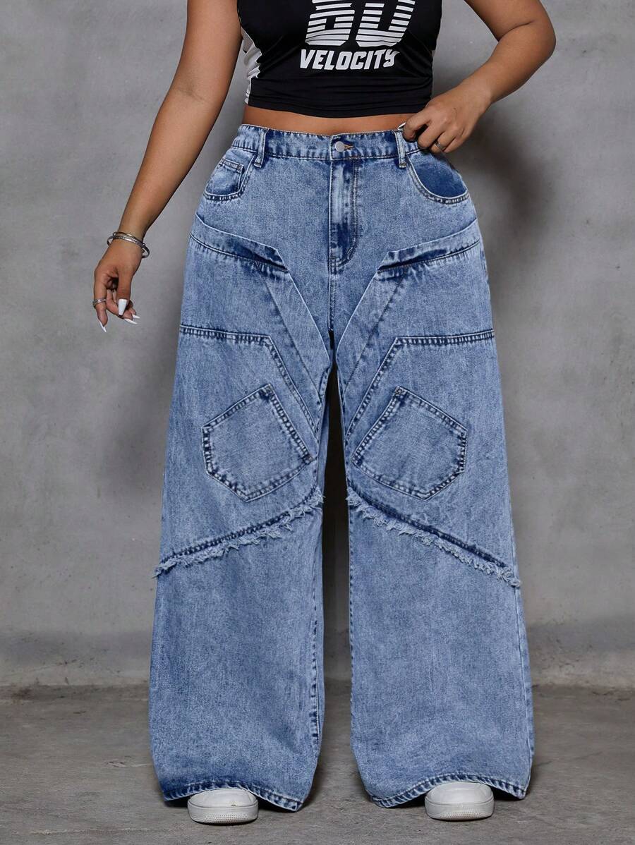 SHEIN ICON Plus Size Women Pocket Flared Loose Casual Versatile Jeans - Blue - View 1