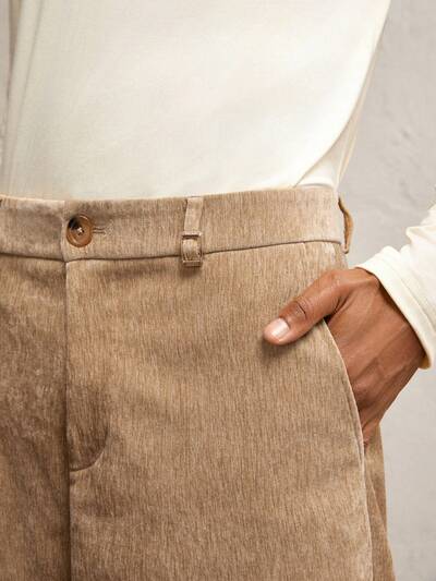 Men's Khaki Velvet Loose Fit Mid-Waist Straight Leg Pants Work Slacks, Casual Daily Wear With Slit Hem, For Boyfriend Gift