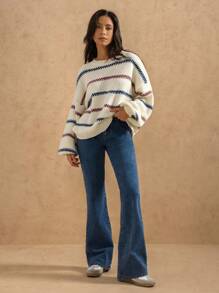 Forever 21 Pantalon en jean évasé stretch de couleur unie, polyvalent et décontracté