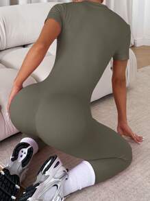 Slayoga Women's Solid Color Front Zipper Short Sleeve Casual Sport Jumpsuit
