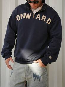 DAZY Men's Letter Print Zip Half Stand Collar Long Sleeve Casual Pullover Sweatshirt For Autumn - Navy Blue - View 5