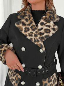 Celure Plus Size Vrouwen Luipaard Print Patchwork Parel Gesp Taille Riem Elegante Herfst/Winter Jas