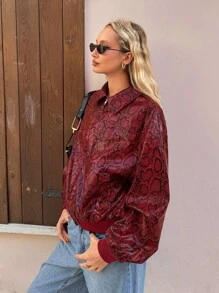 SHEIN EZwear Women's Autumn Snake Print Dropped Shoulder Long Sleeve Zipper Placket Fashion Jacket