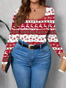 Glamance Polina Brazil Women Red Plus Size T-Shirts Long Sleeve Round Neck Casual Animal,Christmas,Letter Summer Outfits For Women Graphic Tee For Women Going Out