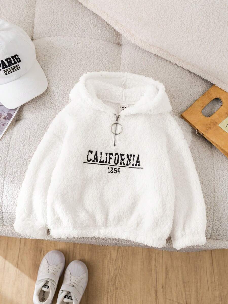 SHEIN Cute Adorable Baby Girl Fuzzy Letter Embroidered White Hoodie Sweatshirt, Warm And Versatile For Autumn/Winter