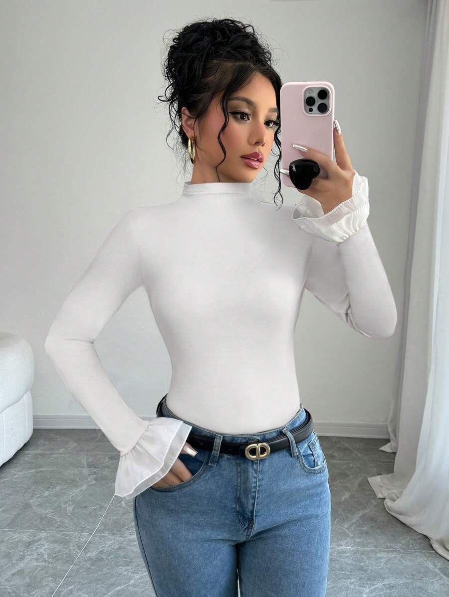 Rafferiza 女式优雅纯色喇叭袖修身 T 恤，秋季 - 白色 - 查看 1