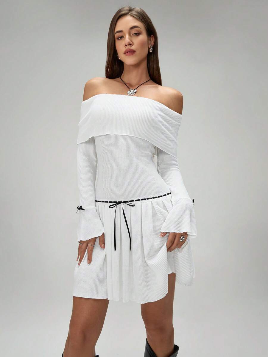 Chiquease Off-Shoulder Long Sleeve Romantic Pleated Floral Trim Mini Dress For Women Fall Cloth For Women - Black and White - View 1