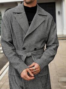 Manfinity VCAY Men's Loose Fit Lapel Collar Long Casual Overcoat, Suitable For Autumn And Winter Seasons - Black and White - View 3