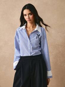 Poéselle Camisa casual de mujer con rayas e impresión de letras, camisa de manga larga, blusa de trabajo - Azul y blanco - Ver 4