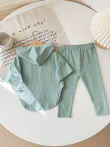SHEIN Baby Girls Solid Color Knitted Hoodie Top And Elastic Waist Long Pants 2 Pieces Set, Spring/Summer - Green - View 2