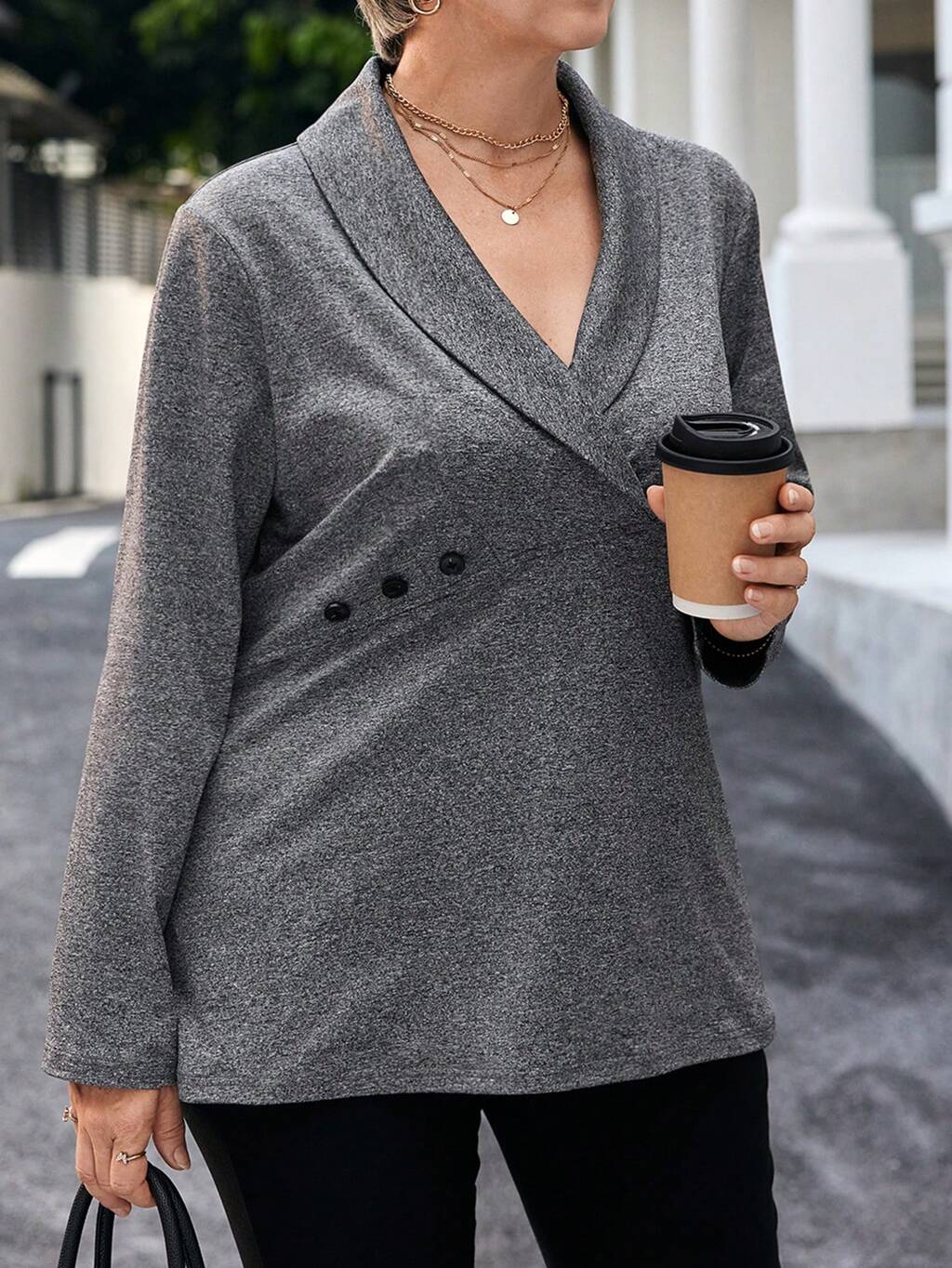Plus Size Going Out Tops Women Solid Color Shawl Collar Long Sleeve Sparkly T-Shirt, Winter Clothes For Women