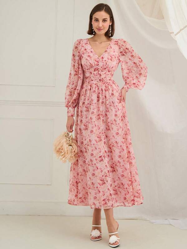 Enchnt Rochie de damă, lungă și elegantă, cu decolteu în V, cu mâneci lanternă