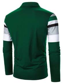 Calvornis Men's Classic And Versatile Green, White, And Grey Color Block Striped Long Sleeve Polo Shirt, Suitable For Christmas Holiday Parties And Everyday Wear ,Fitted  Polo Shirt , Fall Men Clothes ,Button Up Polo Shirt - Multicolor - View 3