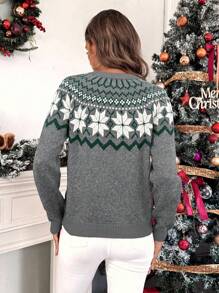 SHEIN LUNE Women's Crew Neck Long Sleeve Minimalist Christmas Pattern Casual Pullover Sweater Knit Pullover Fall Winter - Grey - View 2