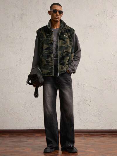 Men's Knitted Camouflage Printed Stand Collar Vest, Suitable For Autumn/Winter Season, Vintage Green Vest, For Friends, Husband, Boyfriend Gifts