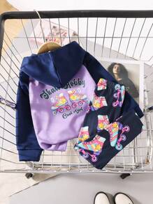2pcs/Set Little Girls Solid Color Patchwork Long Sleeve Letter Print Graphic Hoodie And Pants Casual Outfit