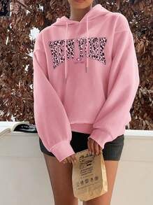 SHEIN EZwear 休闲简约豹纹图案连帽宽松长袖女式运动衫 - 淺粉色 - 查看 5
