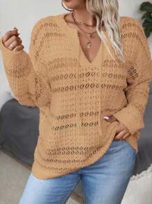 Calvaya Plus Size Casual Solid Color Hollow-Out Knitted Sweater