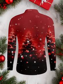 Manfinity Homme Weihnachtliches rotes Weihnachtsbaum-Allover-Muster Herren Mode Lässig rotes Hemd, Weihnachtshemd Herren