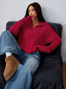Flirla Women's Solid Color Half Zip Up Casual Pullover Sweater