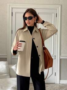 INAWLY Chaqueta casual de mujer de manga raglán de unicolor, otoño - Caqui - Ver 5