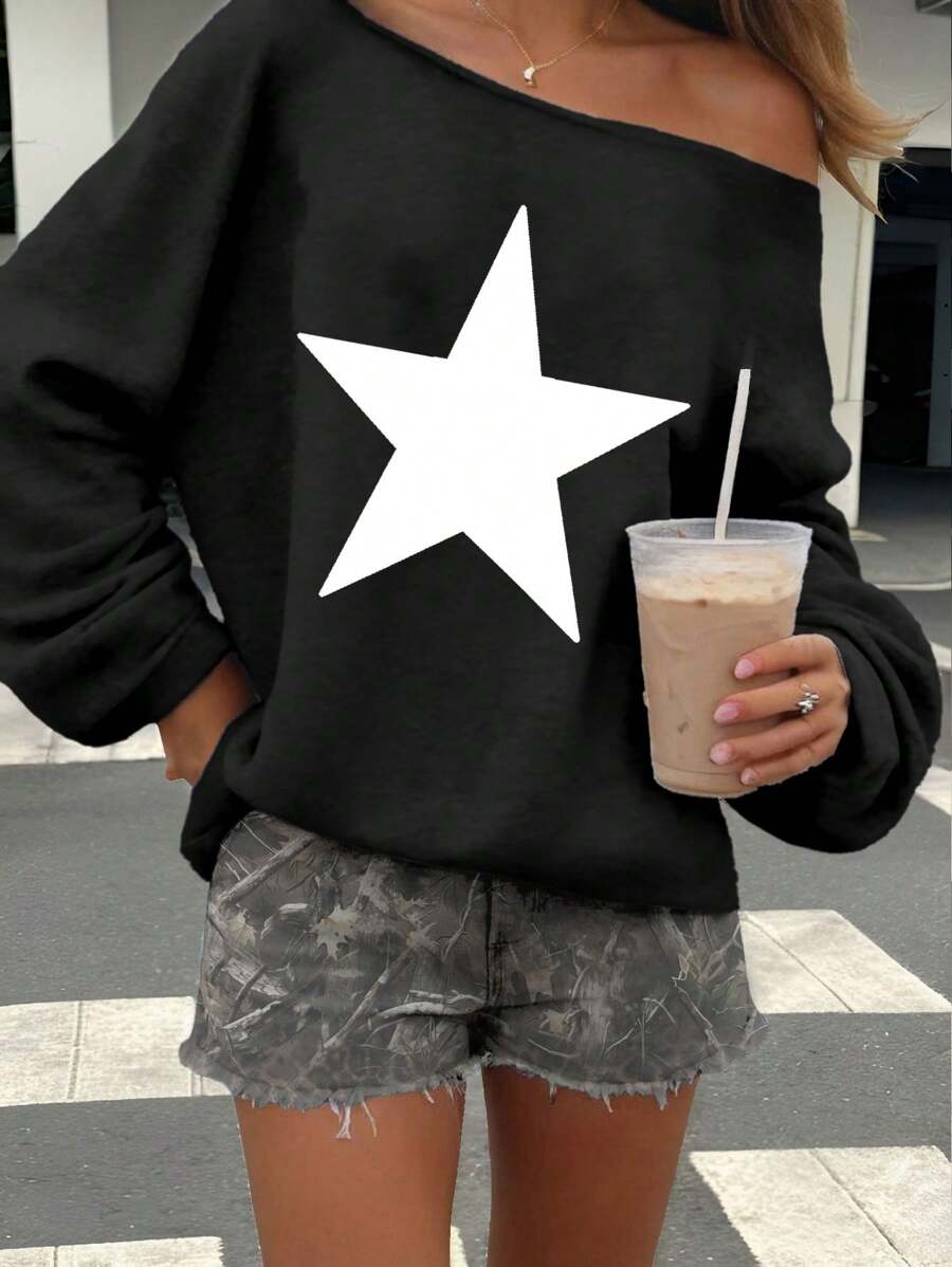 Muchica Áo nỉ dày rộng rãi in hình ngôi sao hở vai cho nữ, phong cách đường phố thường ngày, mùa đông - màu đen - Xem 1