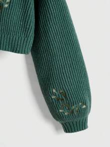 ROMWE Fairycore Women's Casual Fox Embroidered Mock Neck Cropped Sweater, Autumn/Winter - Dark Green - View 3