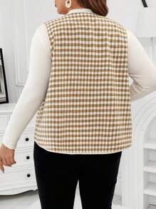 Flirla Plus Size Women Houndstooth Multi Pocket Open Front Gilet Vest, Autumn/Winter - Khaki - View 2