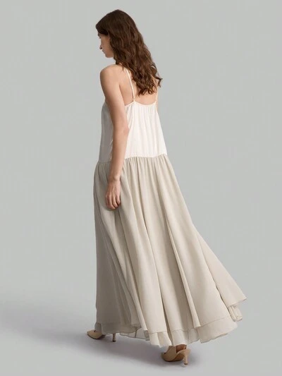 Women's 2025 New Spring Pale Peach Patchwork Two-Layer Asymmetric Hem Spaghetti Strap Elegant Holiday Party Dress