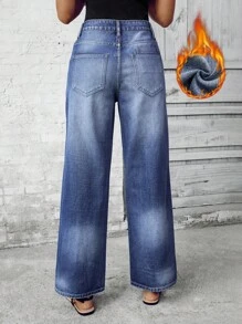 SHEIN LUNE Color Blocking Pocket Casual Versatile Wide-Leg Jeans Thickened Denim - Blue - View 9