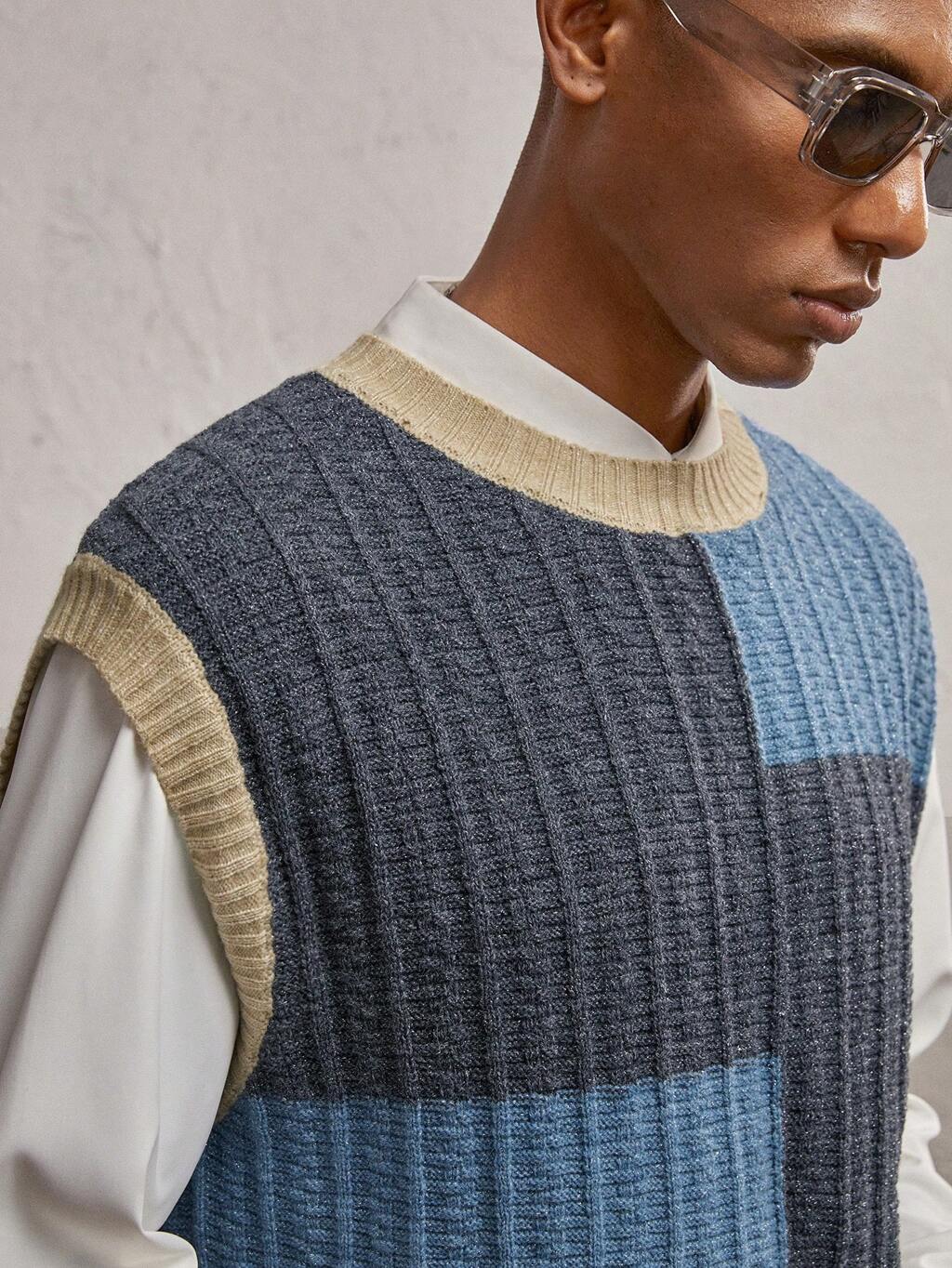 Men's Blue Loose Fit Crew Neck Sleeveless Knit Pullover Sweater, Casual For Autumn/Winter, Daily Wear, With Geometric Patchwork & Metallic Thread Details