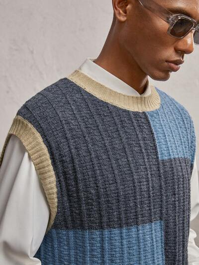 Men's Blue Loose Fit Crew Neck Sleeveless Knit Pullover Sweater, Casual For Autumn/Winter, Daily Wear, With Geometric Patchwork & Metallic Thread Details