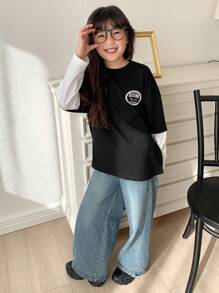 Dazy Kids Áo thun in chữ Tween Girl Tween Girl màu tương phản 2 mảnh - màu đen - Xem 4