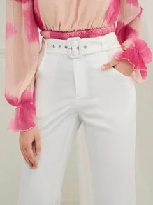 Enchnt Women's White Classy Elegant Office Autumn Pants,Solid Color Belt Loop Straight Leg Casual Embroidery Around Feet Pants For Christmas Party&Dinner - White - View 2