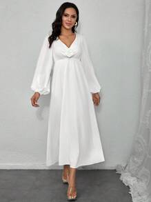 INAWLY Women's Solid V-Neck Twist Flared Sleeve Fish Tail Hem Elegant Dress - White - View 4