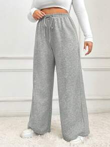 SHEIN EZwear Pantaloni della tuta casual larghi in colore unito con vita con coulisse, per taglie forti donne - Grigio Scuro - Visualizzare 3