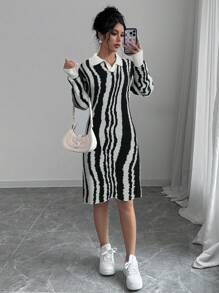 SHEIN Unity 秋冬女款 Polo 领提花飘逸波纹图案休闲宽松针织毛衣连衣裙 - 黑與白 - 查看 1