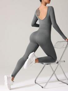 SHEIN Sport Studio Mono informal con escote en la espalda de unicolor, de moda y sencillo para uso diario