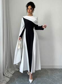 Rafferiza Women's Round Neck Pleated Color Block Elegant Extra Long Sleeve Dress Fall Cloth For Women - Black and White - View 6