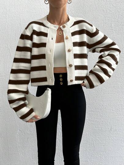 EURMUSE Women Striped Long Sleeve Single-Breasted Short Casual Cardigan For Autumn/Winter