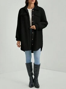 SHEIN Tall Casaco Teddy com detalhe de aba e ombro caído para outono/inverno - Preto - Ver 5
