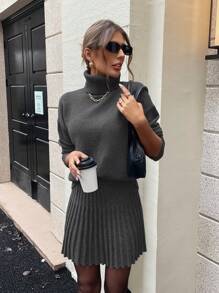 EMERY ROSE Women Grey High Collar Drop Shoulder Sweater And A-Line Pleated Knit Skirt 2 Pieces Set For Autumn/Winter Fall Cloth For Women - Grey - View 7