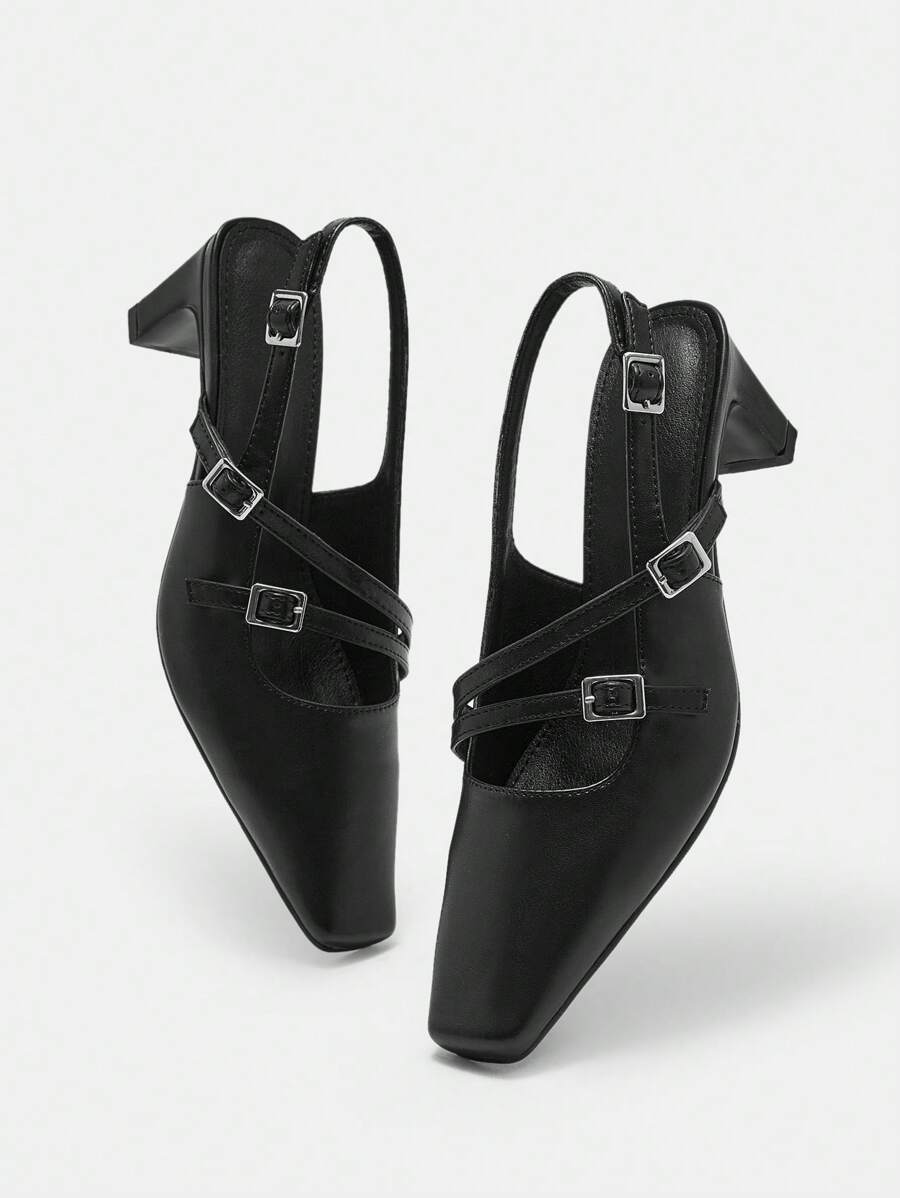 CUCCOO BIZCHIC Women's Punk Square Buckle Black Motorcycle Mule Slip-On Closed Toe Sandals Valentine's Day - Black - View 1