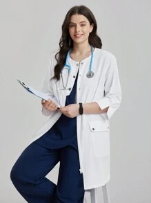 TaskEZ Plus Size Women's Solid Color Round Neck 3/4 Sleeve Utility Pocket Casual /Nursing Uniform Jacket  Laboratory Coat/White Coat Women's Solid Color Flat Collar Button Front Long Sleeve Pockets Regular Jacket, Lab Coats Set Scrub Set Nurse Dresses Scrub Tops Scrub Bottoms Lab Coats Scrub Outwear