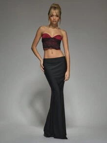 MISSGUIDED 蕾丝边缎面剪裁细节露脐束身抹胸上衣圣诞节 - 酒紅色 - 查看 4