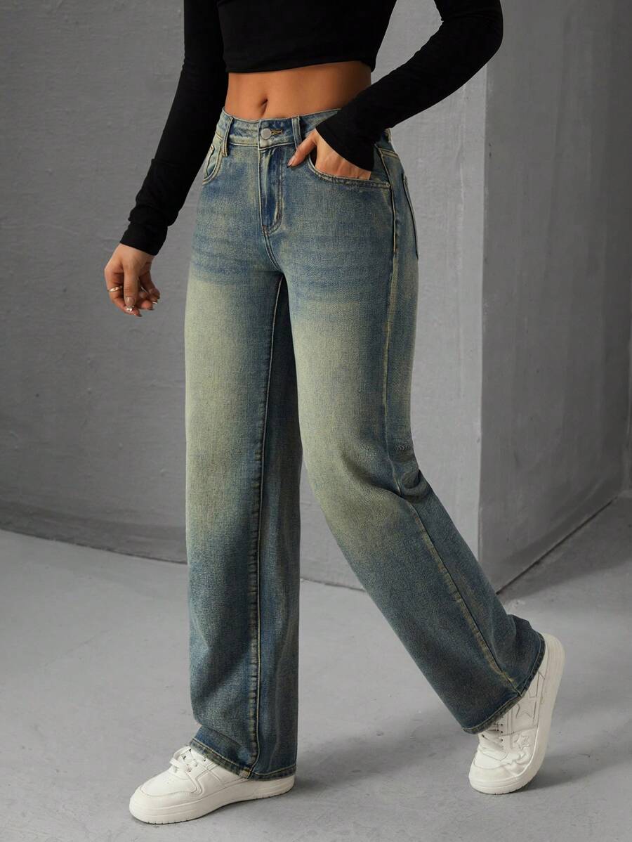 SHEIN EZwear Quần Jeans Đơn Giản Túi Nút Phía Trước Cho Nữ, Mặc Hàng Ngày Thường Ngày - Rửa trung bình - Xem 1